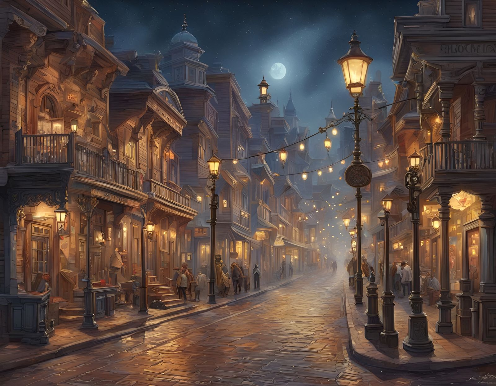 Ornate Western Town at Night in Gouache Style
