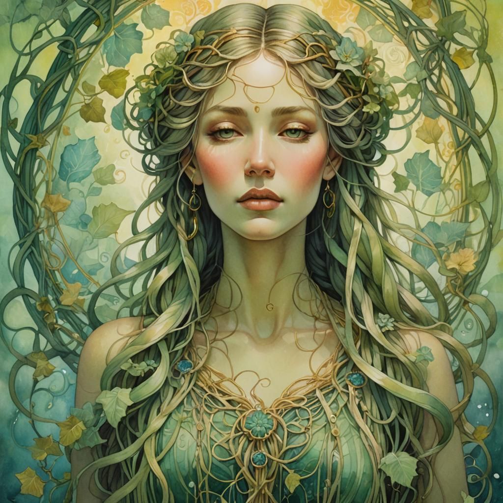 Dreamy Art Nouveau Portrait in Mixed Media Illustration