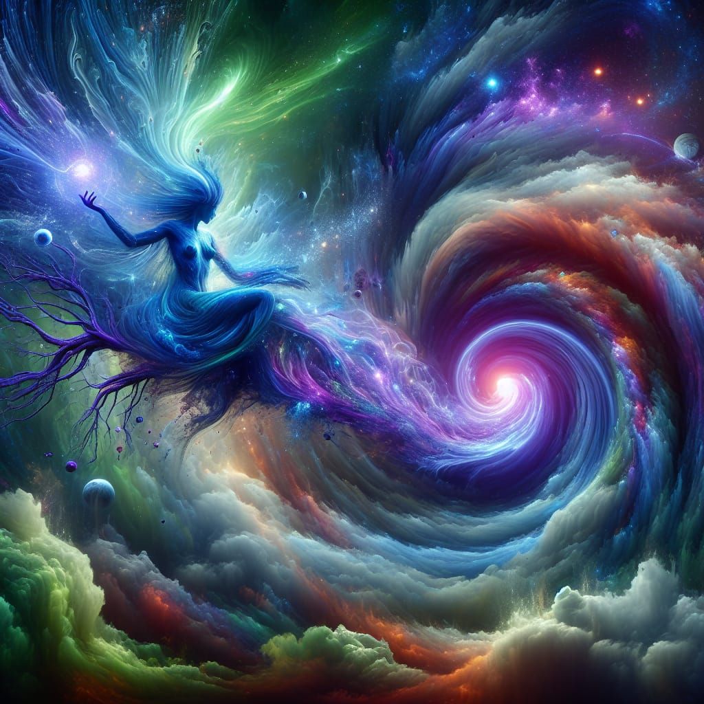 a cloud looking like a woman, comes out of a tornado