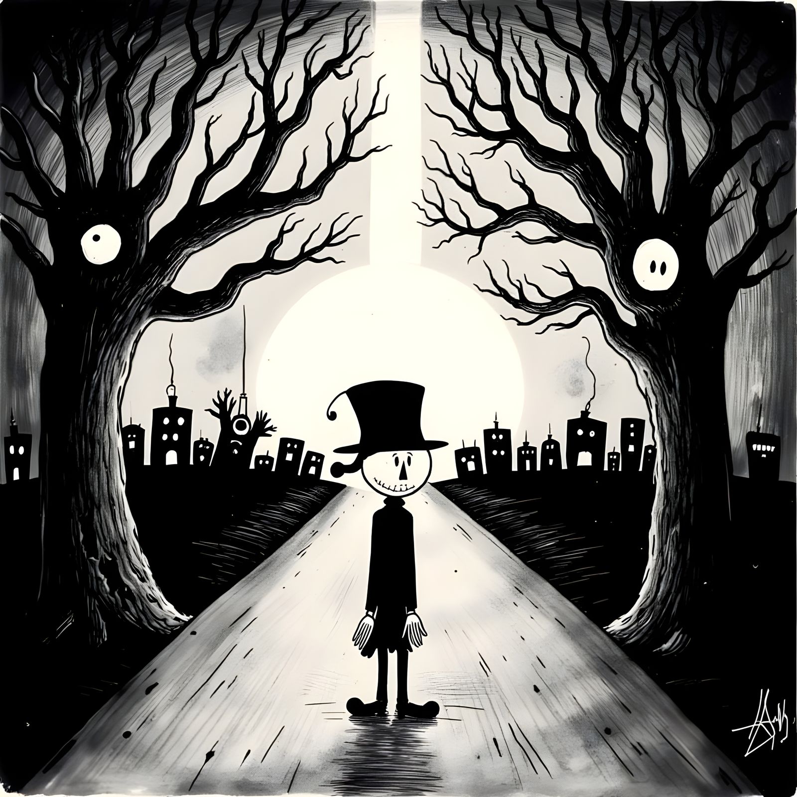 Vintage Cartoon Character Faces Fearsome Road Fork