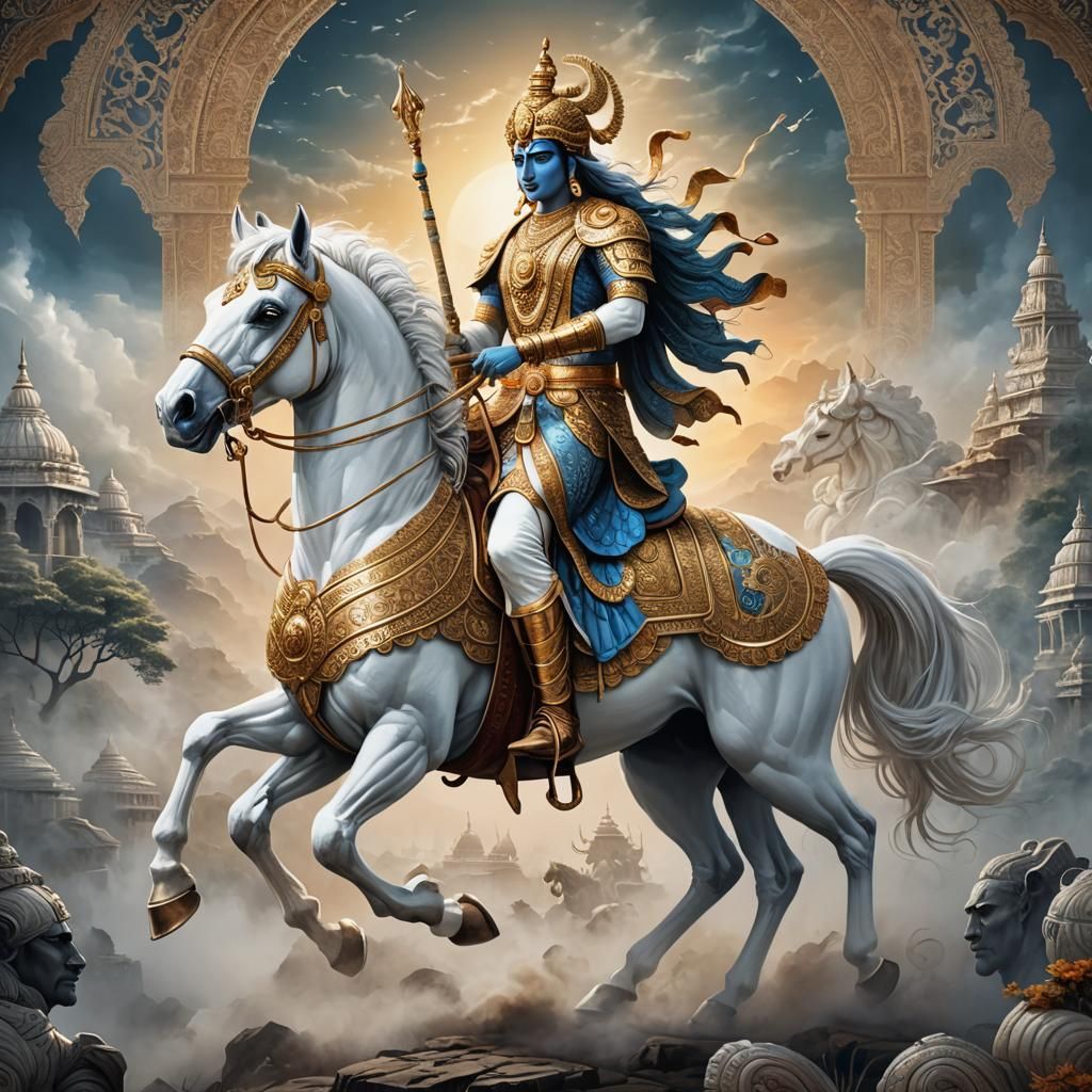 Kalki Avatar on White Horse in Raja Ravi Varma Style