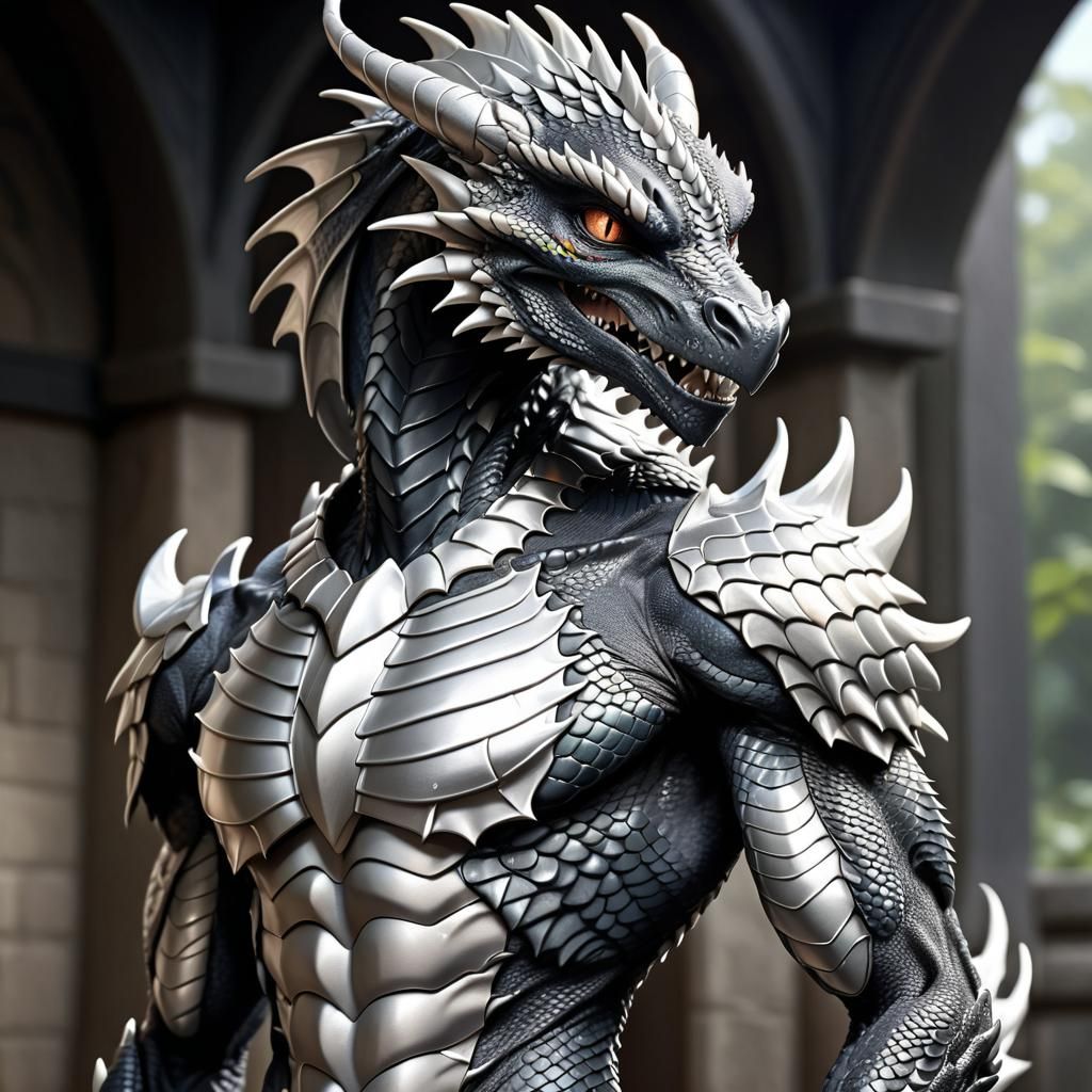 Detailed Black and Silver Dragon in Anime Style