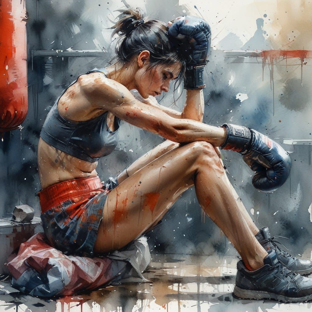Tired Woman Boxer Resting Between Rounds in Dramatic Light