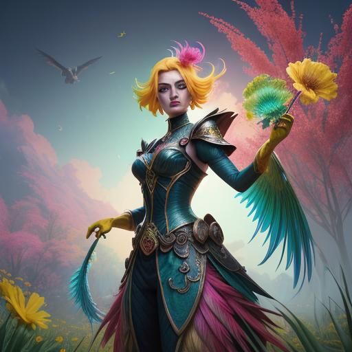 Dragon Peacock Woman in a Flower Field, Digital Art
