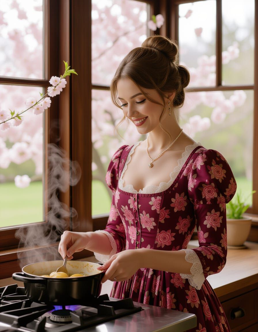 Victorian Woman Enjoys Cooking in Luxurious Kitchen