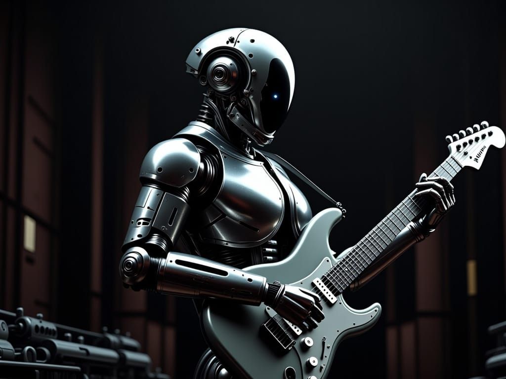 Cyberpunk Robot Shreds Guitar in Futuristic Concert