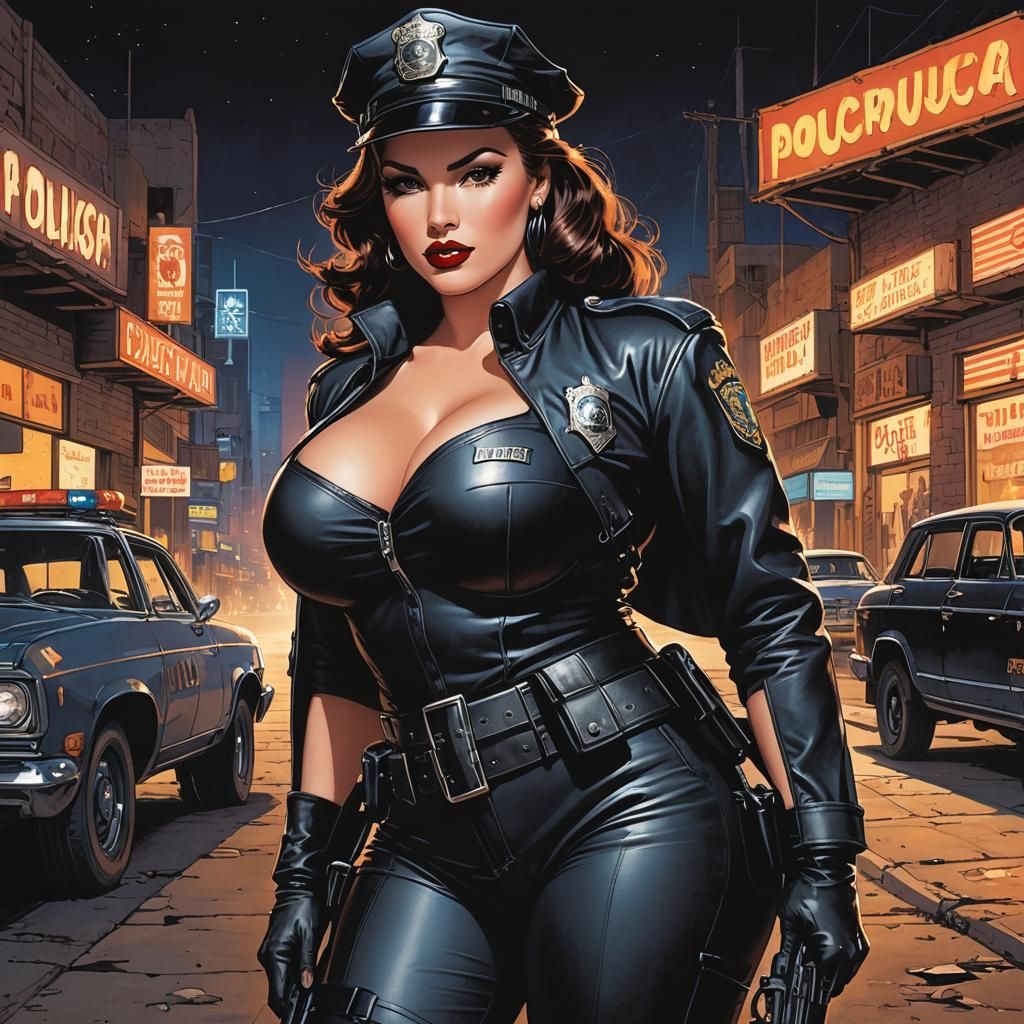 Pinup Police Officer in Gritty Comic Book Style