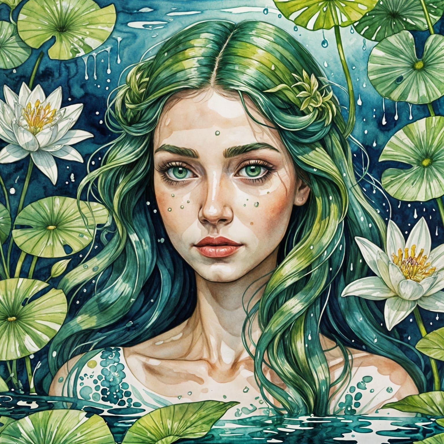 Mermaid in Watercolor with Geometric Accents