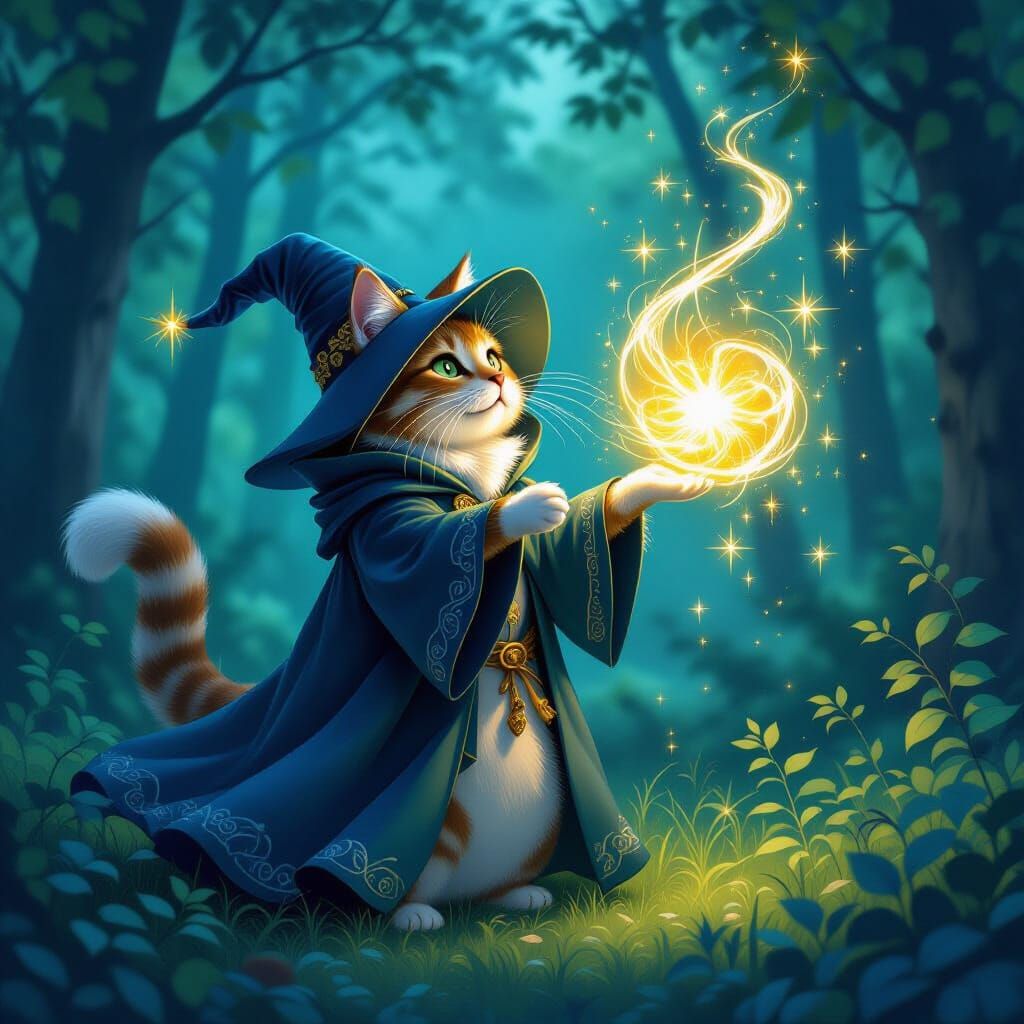 Magical Cat Wizard Casting Golden Spell in Whimsical Forest