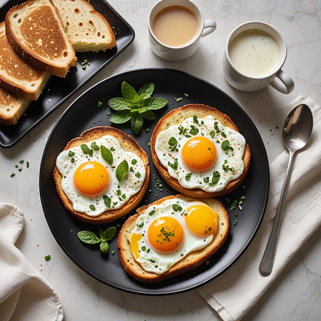 Delicious Fried Egg Breakfast with Garlic Bread and Milk