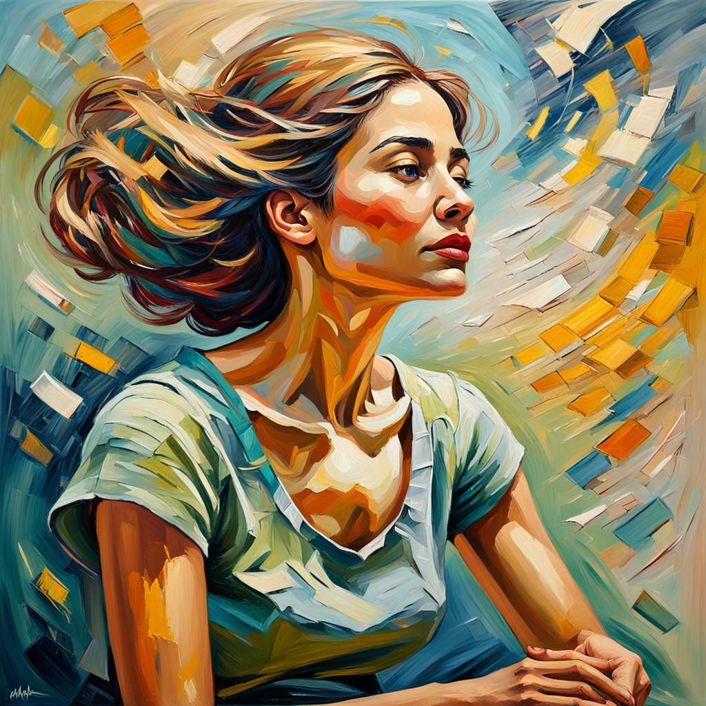 Expressive Oil Painting: Woman Watching Her Thoughts