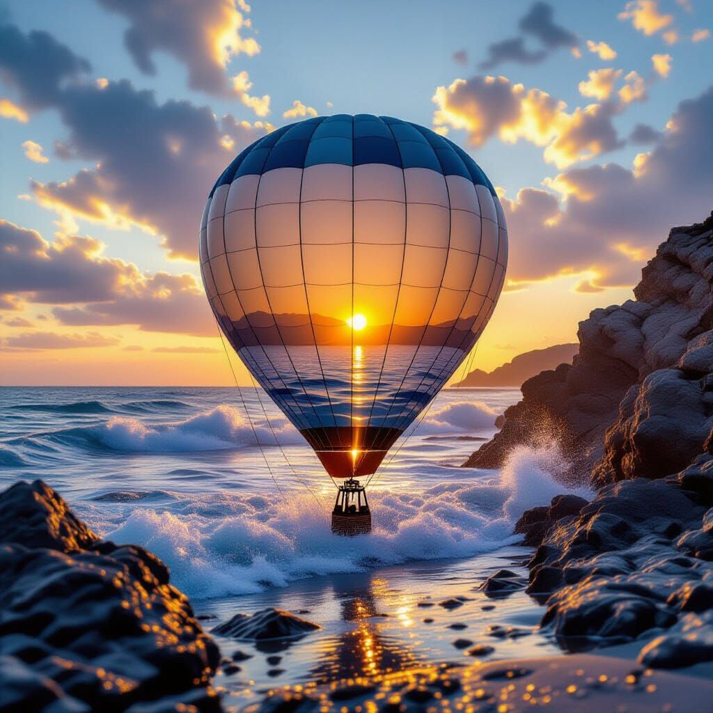 Ethereal Hot Air Balloon Silhouette on Coastal Rocks