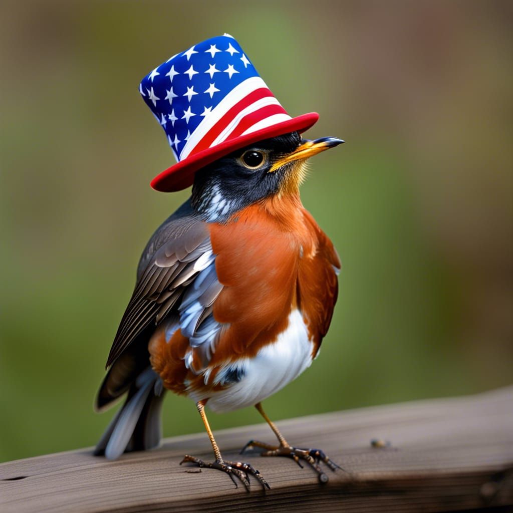American Robin Bird in Patriotic Top Hat