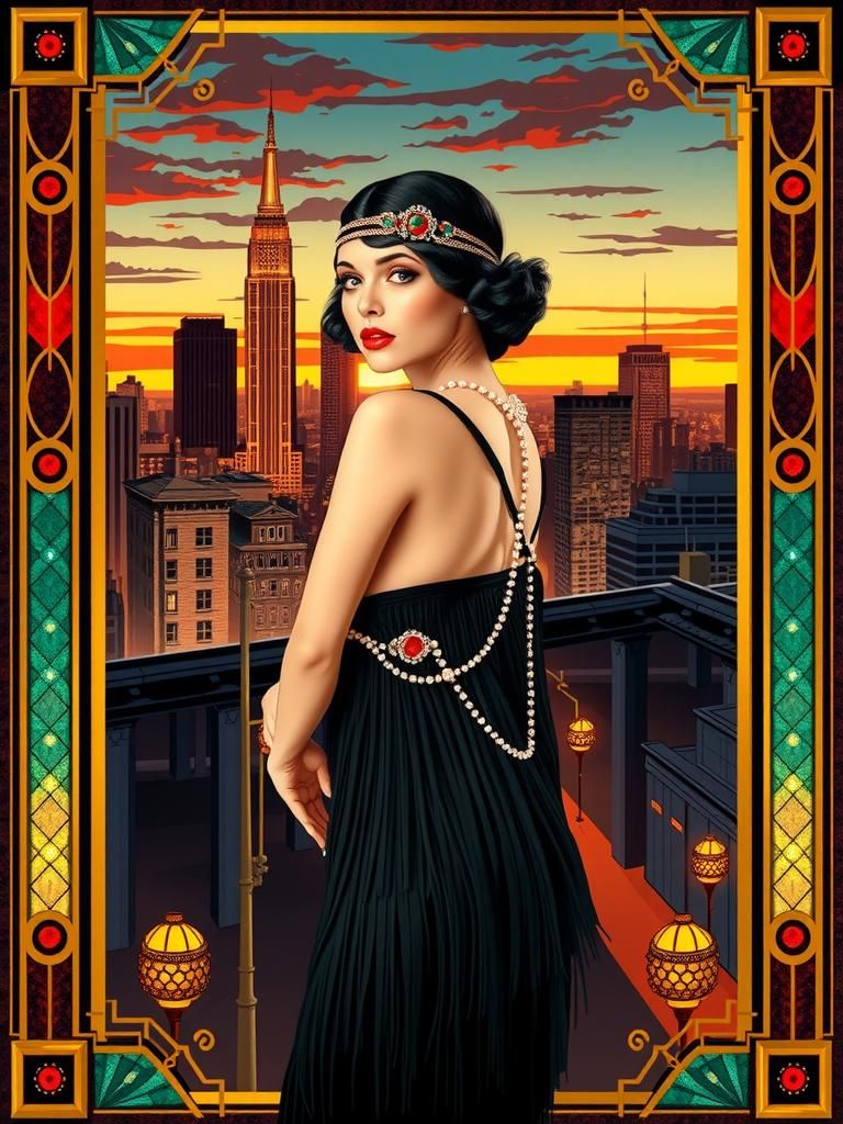 Glamorous Flapper in Opulent Art Deco Cityscape