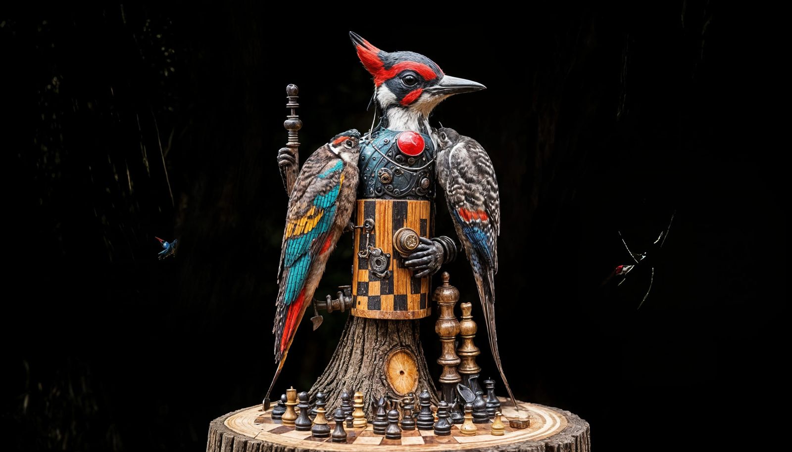 Colorful Woodpecker Crafts Chess Piece with Steampunk Engine