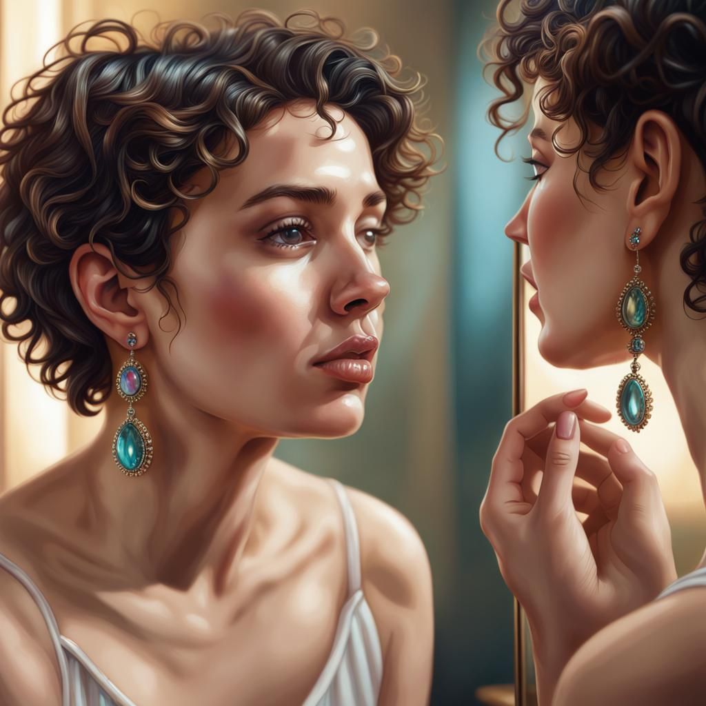 Hyperrealistic Portrait of Woman Reflecting in Mirror
