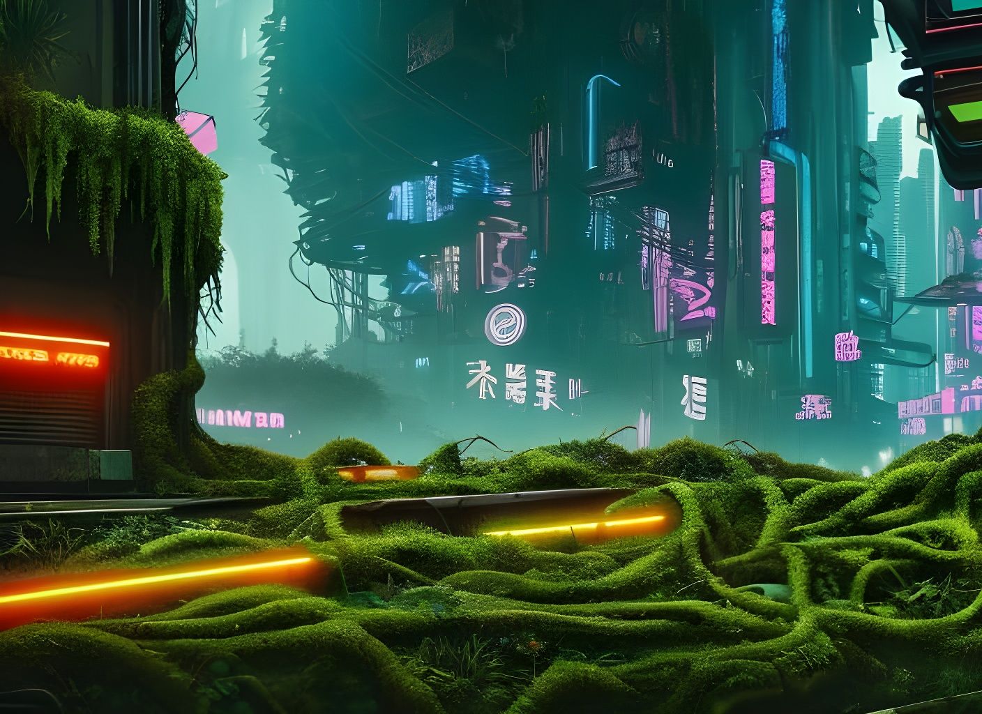 Overgrown Cyberpunk City Reclaimed by Nature