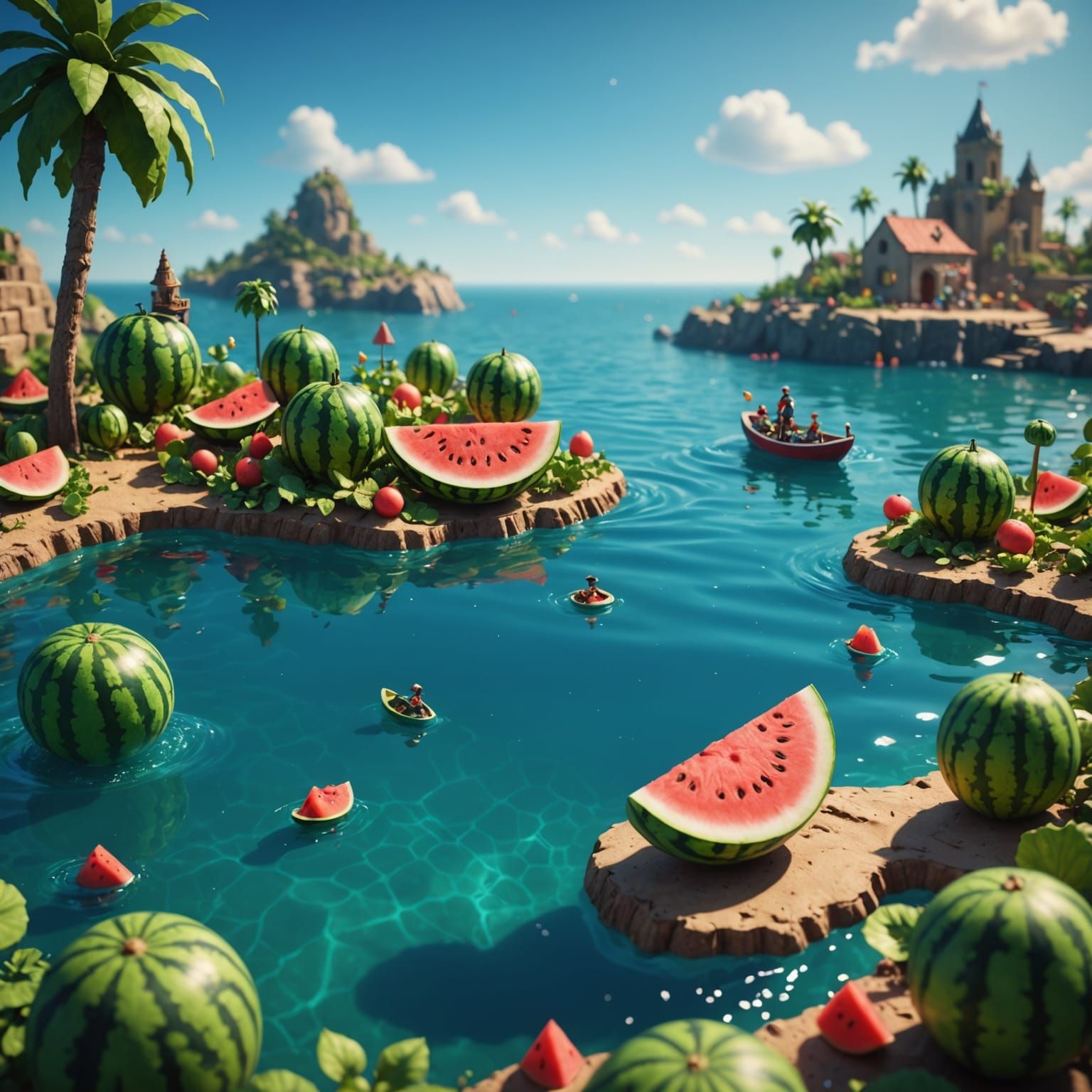 Vibrant Cartoon Fantasy Realm with Watermelons and Miniature...