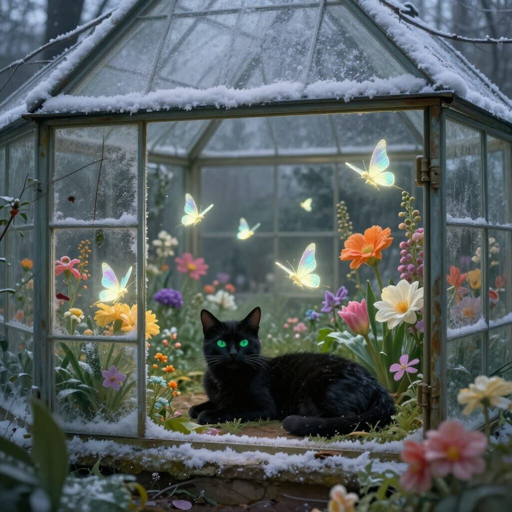 Enchanted Snow-Covered Greenhouse Garden with Fairies and Ca...
