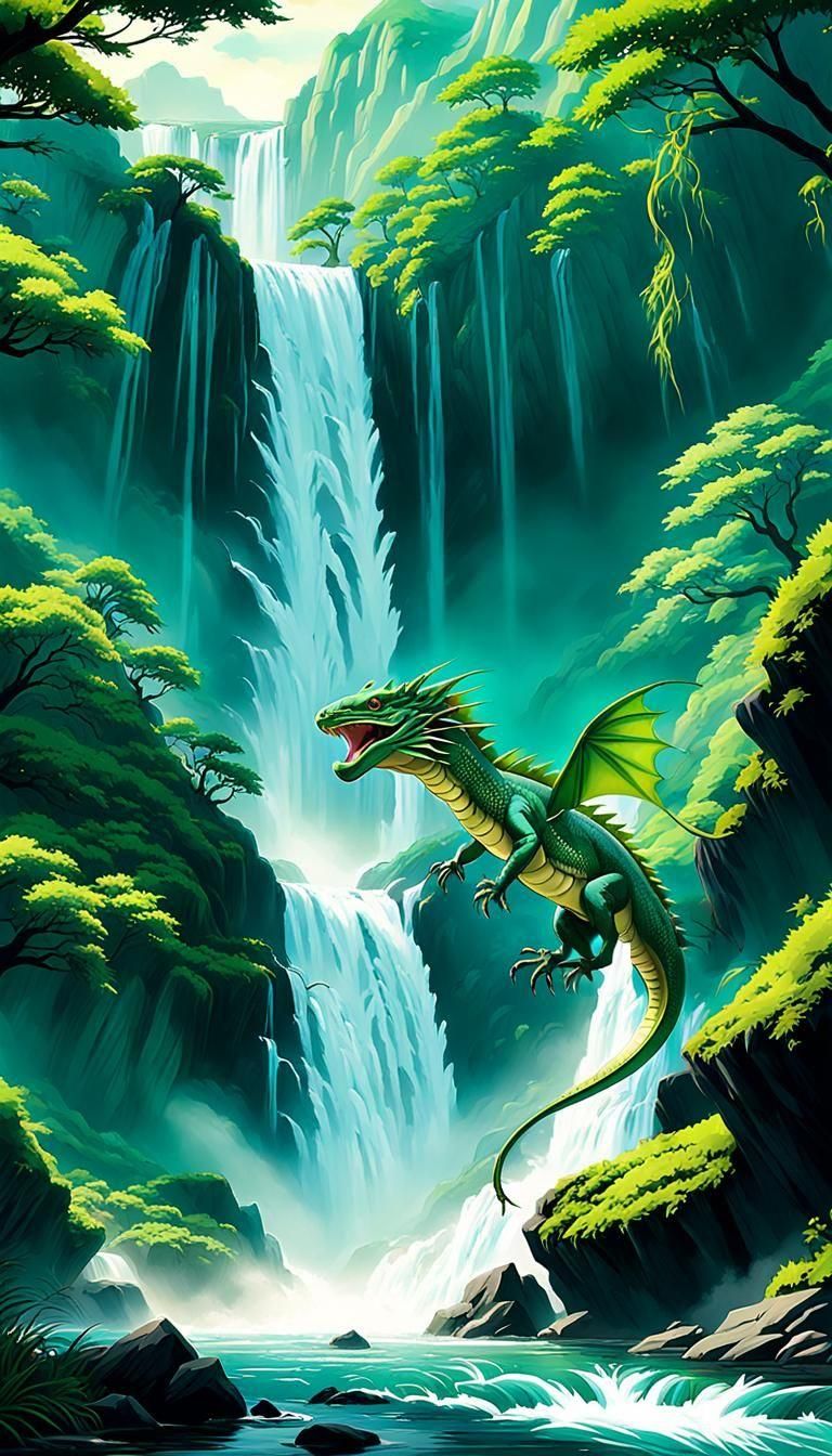 Winged Water Dragon Ascending Waterfall: Anime Style