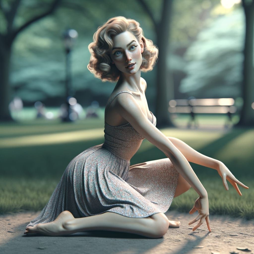 1950s Blond Woman Poses Playfully in Park