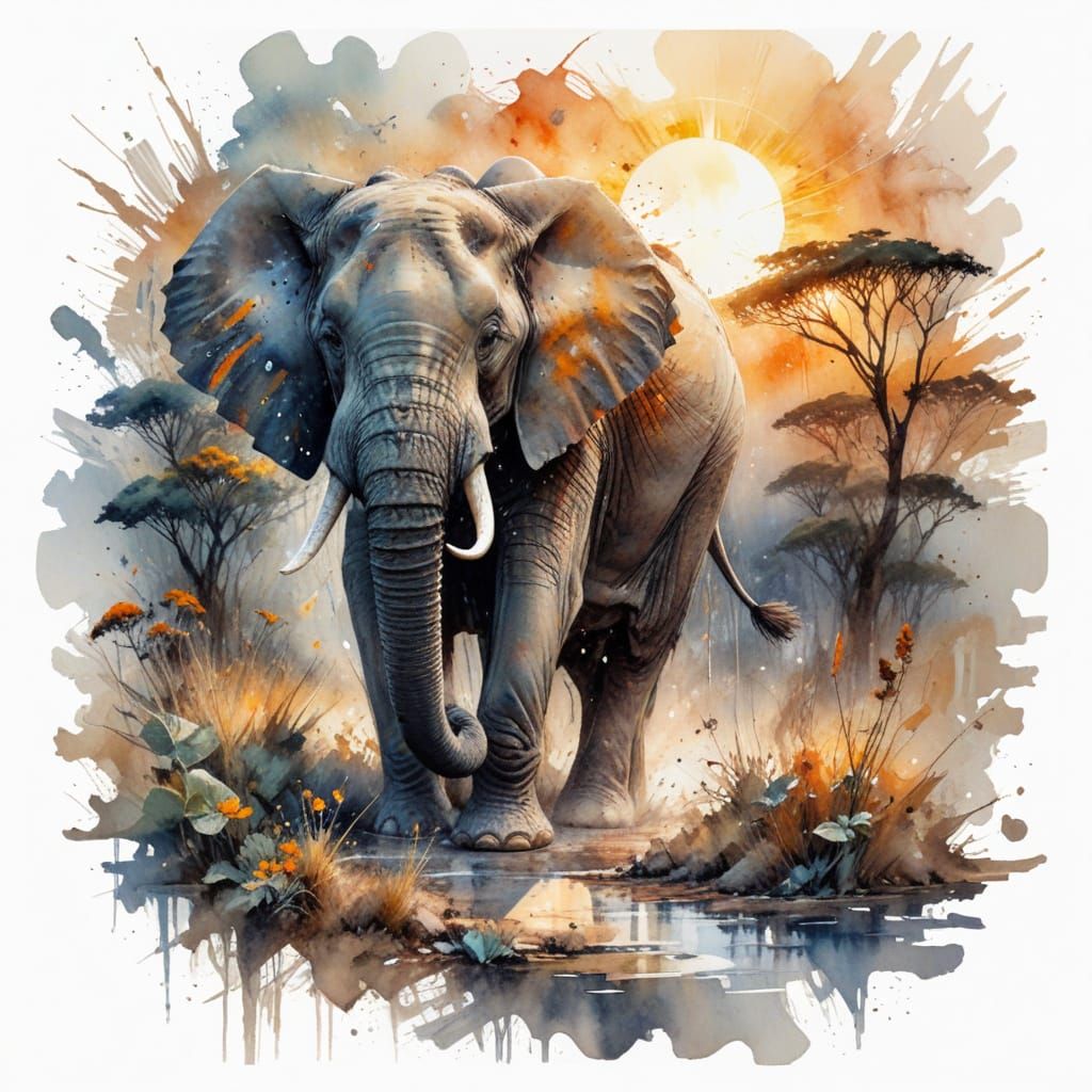 Elephant in Dusty Savanna Landscape, Stylized Watercolour Ar...