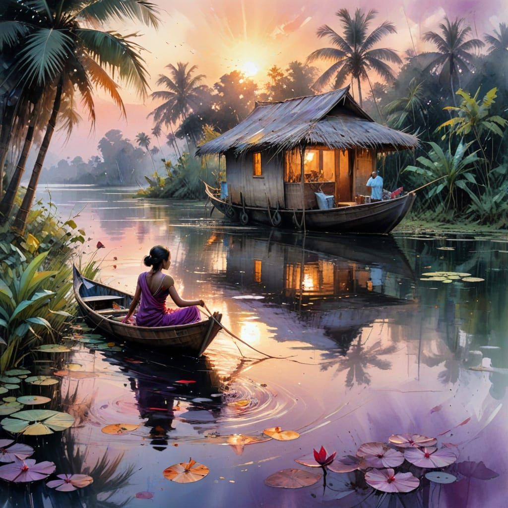 Tranquil Kerala Backwaters Scene with Kettuvallam Houseboat