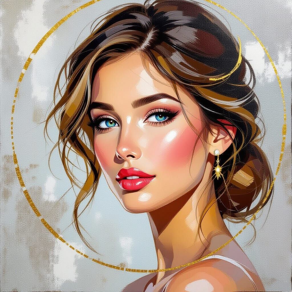 Abstract Painting of Golden Lines and Silver Circles