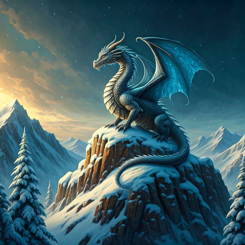 Majestic Winter Dragon on Snow-Covered Peak as Oil Painting