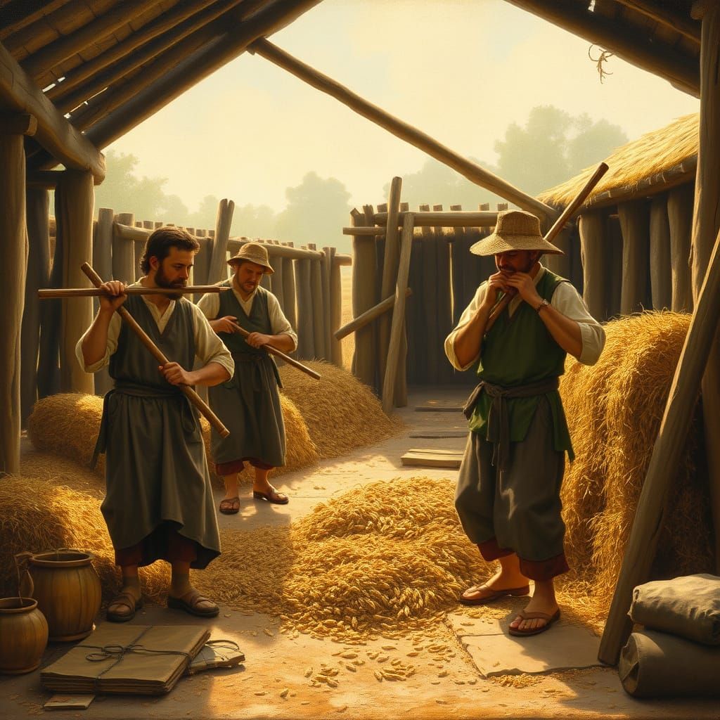 Farmers Threshing Grain in a Rustic Shed