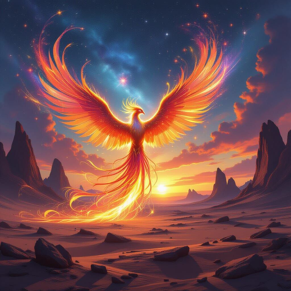 Cosmic Phoenix Rises from Alien Desert in Epic Fantasy Style
