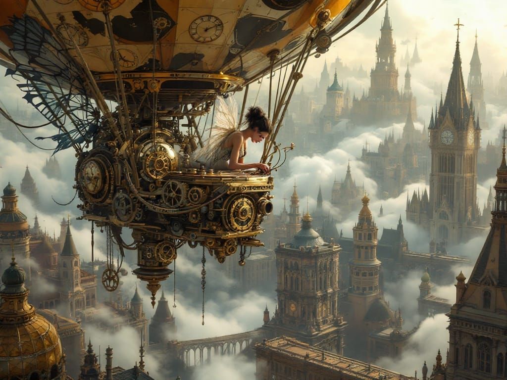 Steampunk Fairy on Zeppelin in Victorian Cityscape