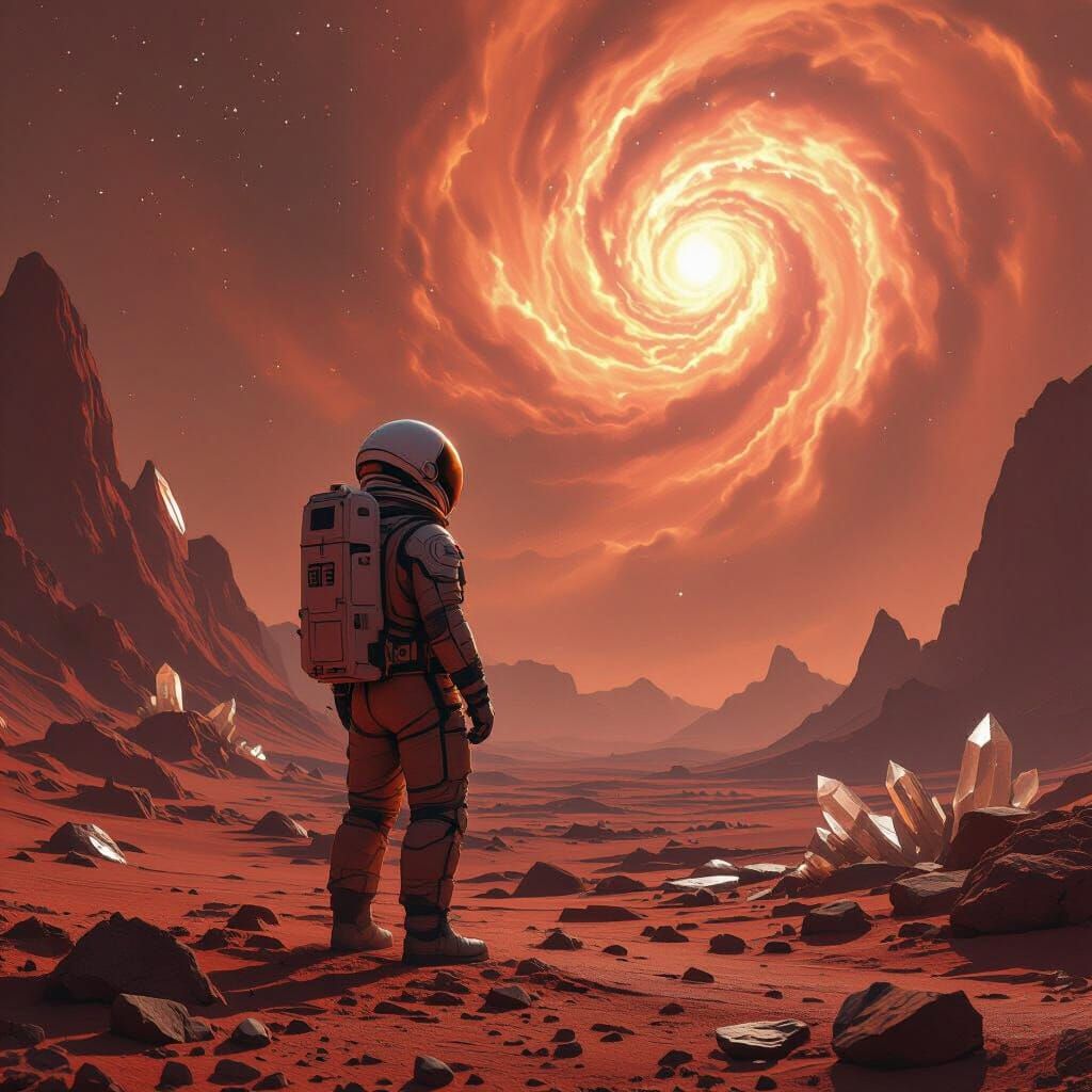 Astronaut on Crimson Planet Gazing at Nebula