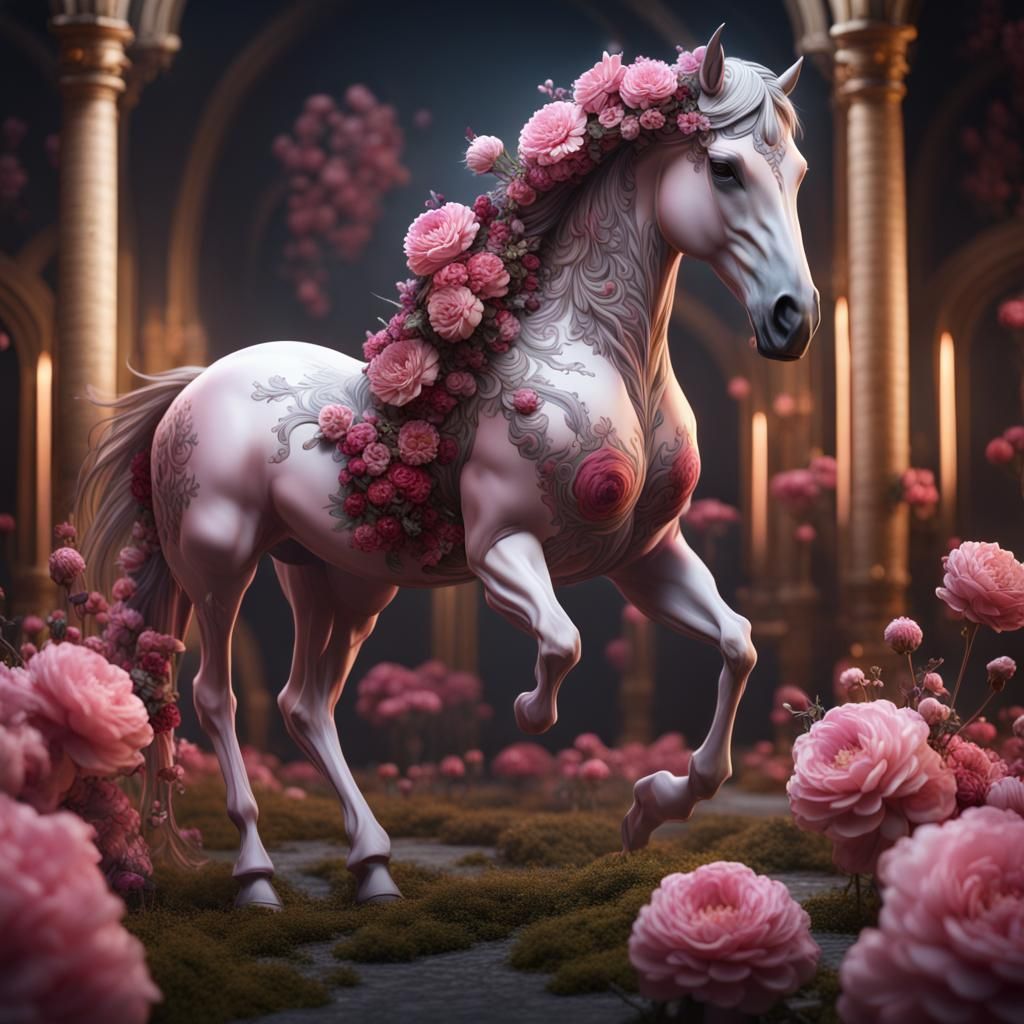 Elegant Horse with Pink Flowers: Detailed Fantasy Art