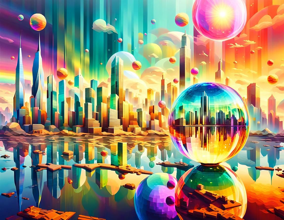 Surreal Cityscape in Rainbow Crystal Orbs