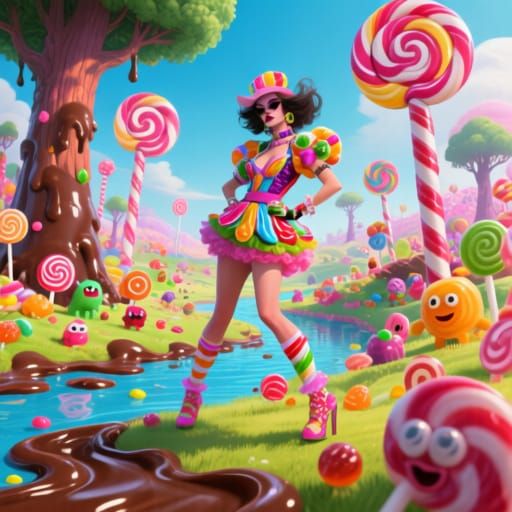 Candy Fashionista in Vibrant Candyland Landscape