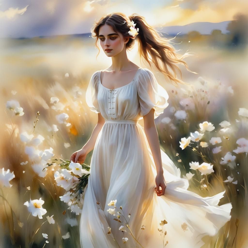 Girl in Field of Flowers: Watercolour Painting