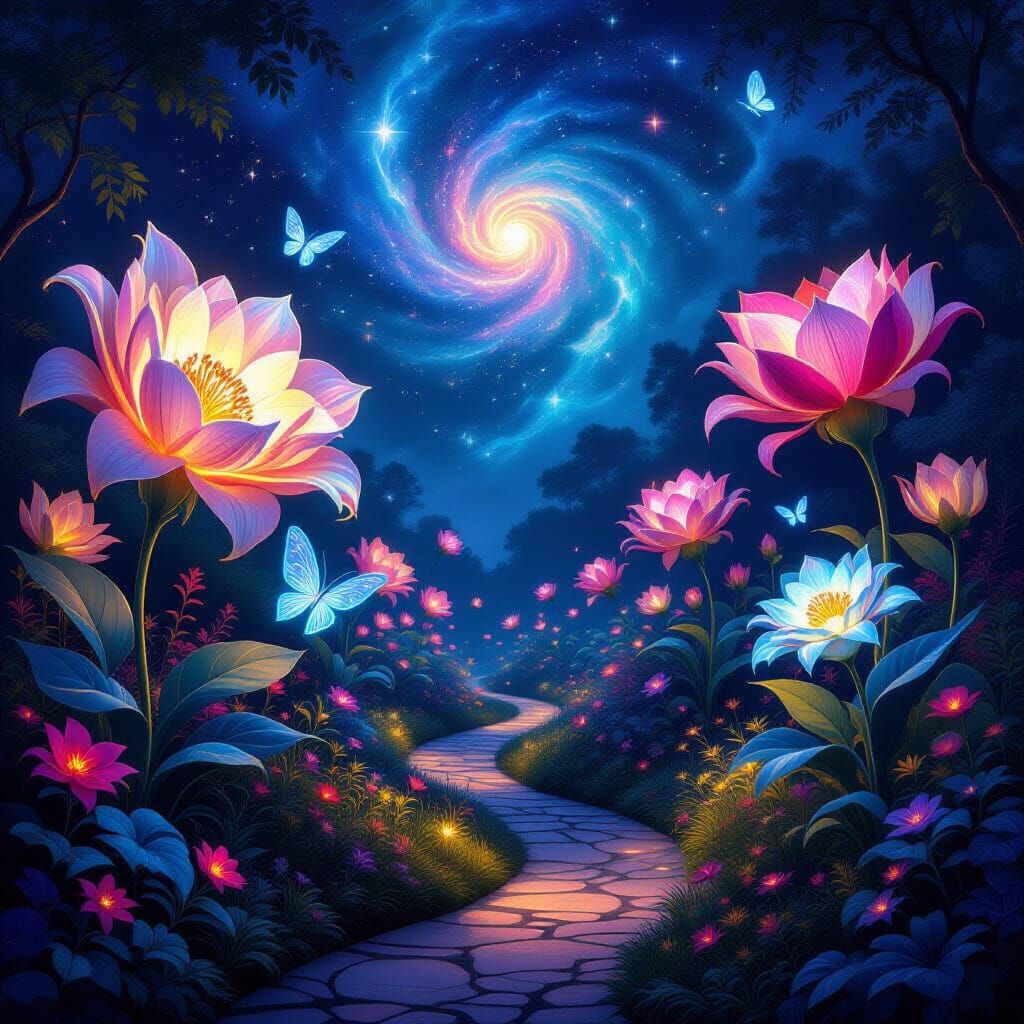 Bioluminescent Garden at Night with Ethereal Creatures