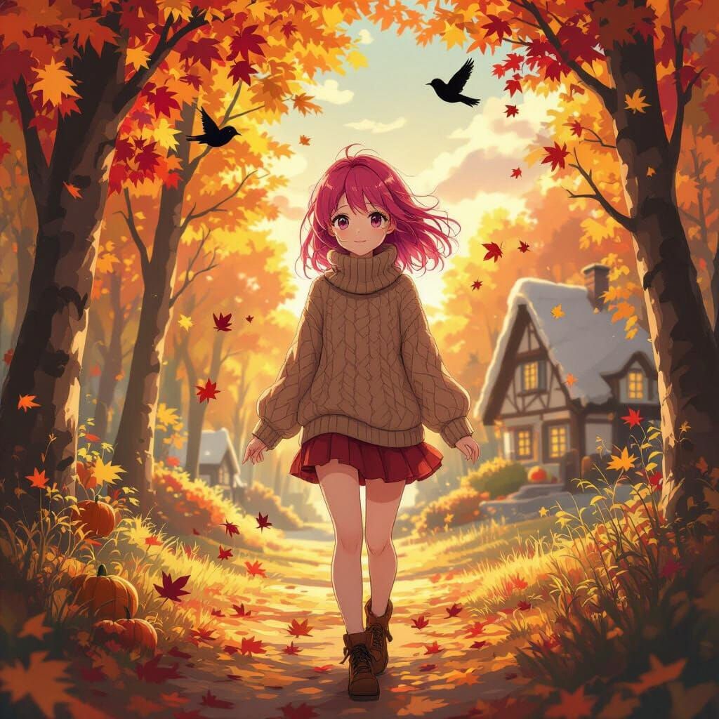 Anime Girl's Autumn Forest Walk in Golden Light