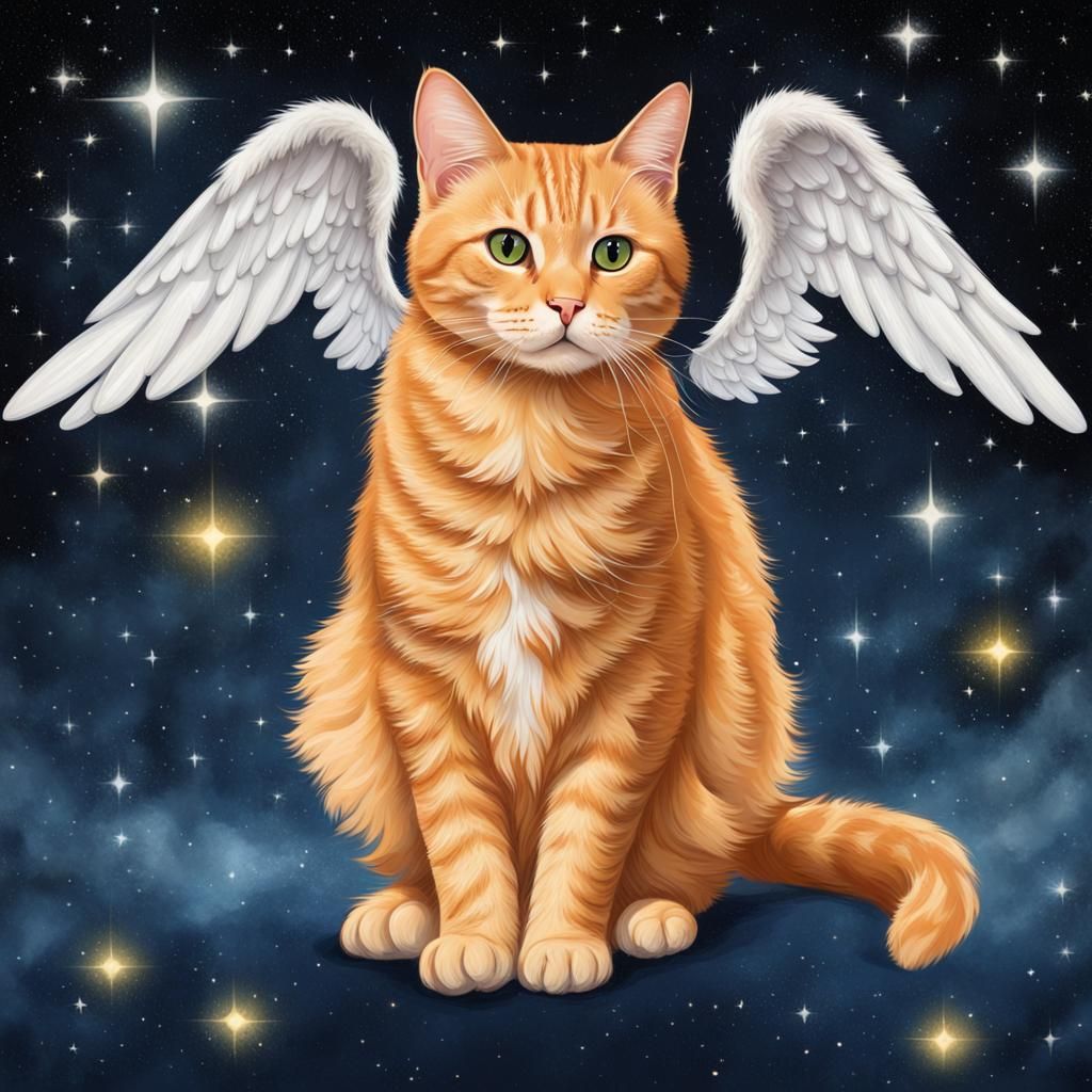 Orange Tabby Cat with Angel Wings Among Stars