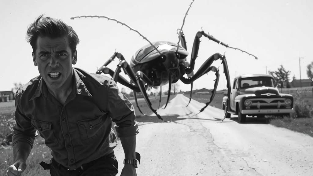 Vintage Pickup Terrorized by a Giant Cockroach