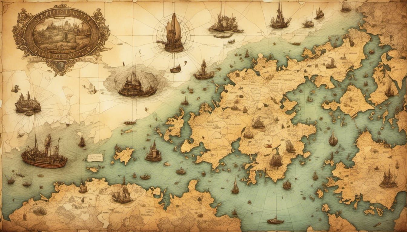 Vintage Parchment Map of Island Archipelago