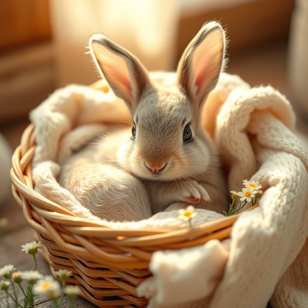 Cozy Baby Bunny in Basket, Fantasy Art