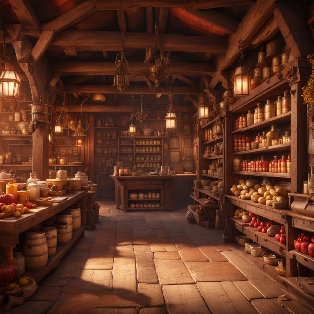 Medieval Grocer Interior in Detailed Matte Painting