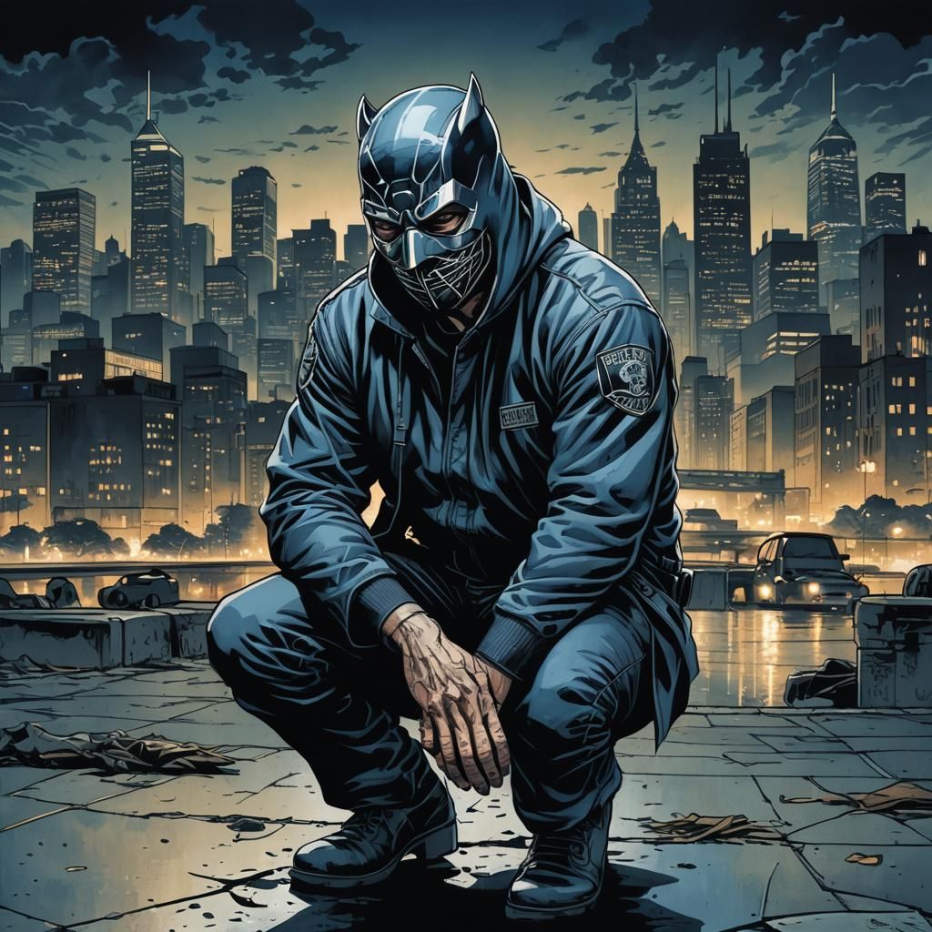 Masked Killer in Cityscape, Comic Book Style