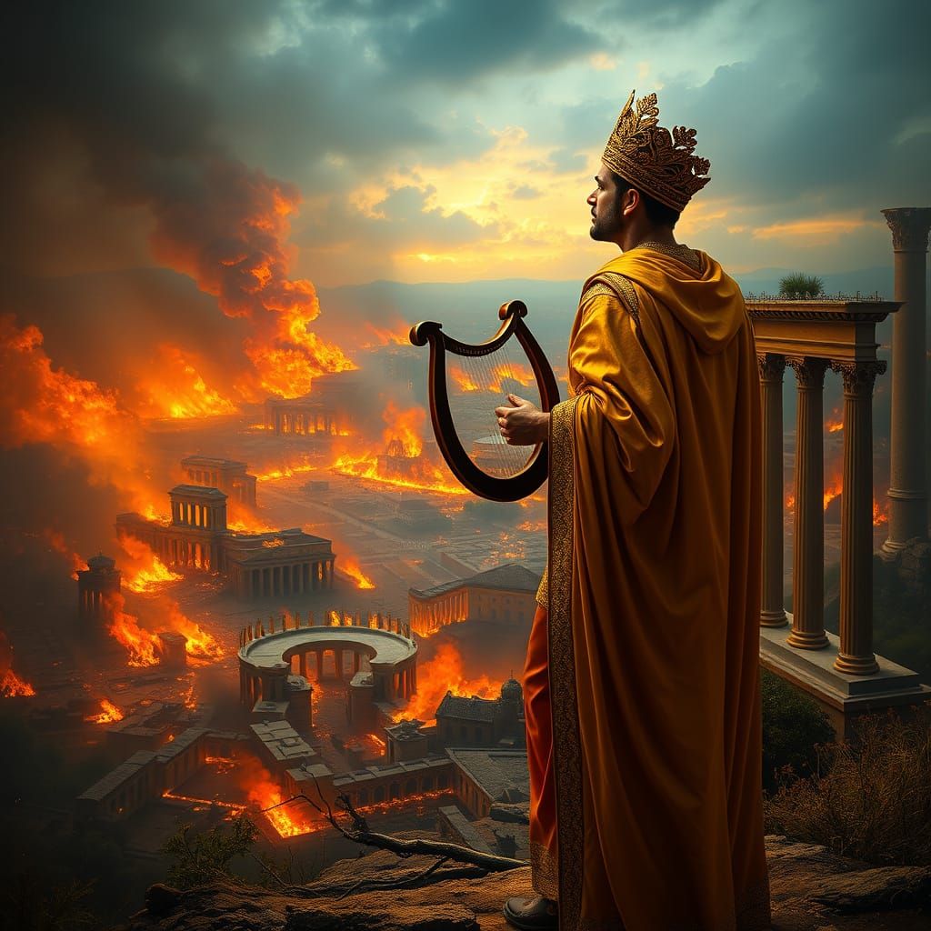 Roman emperor Nero fiddling while ancient Rome burned (fiddl...