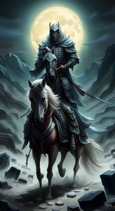 Spectral Knight Rides Through Fog-Shrouded Graveyard