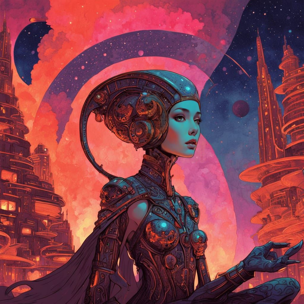 Art Deco Fashion in a Futuristic Cityscape