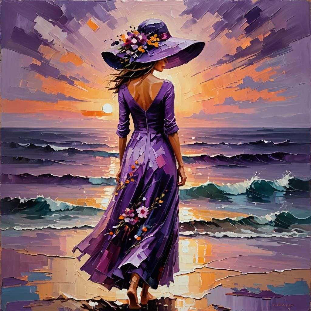 Abstract Oil Painting: Woman in Purple at Sunset