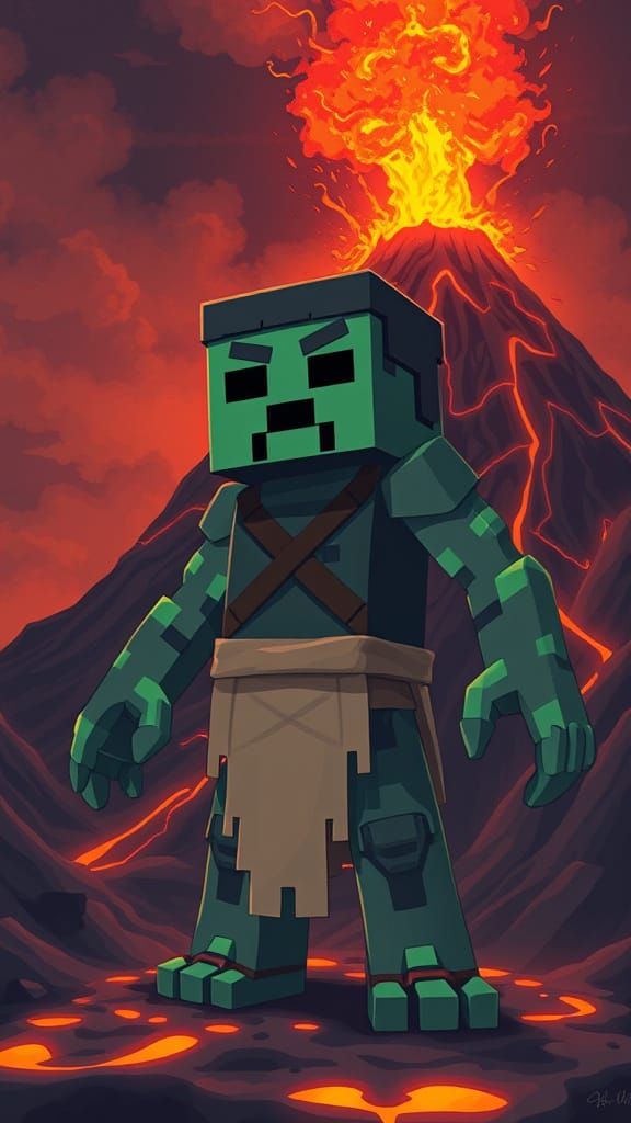 Surreal Anime Portrait of a Golem in a Volcanic Landscape